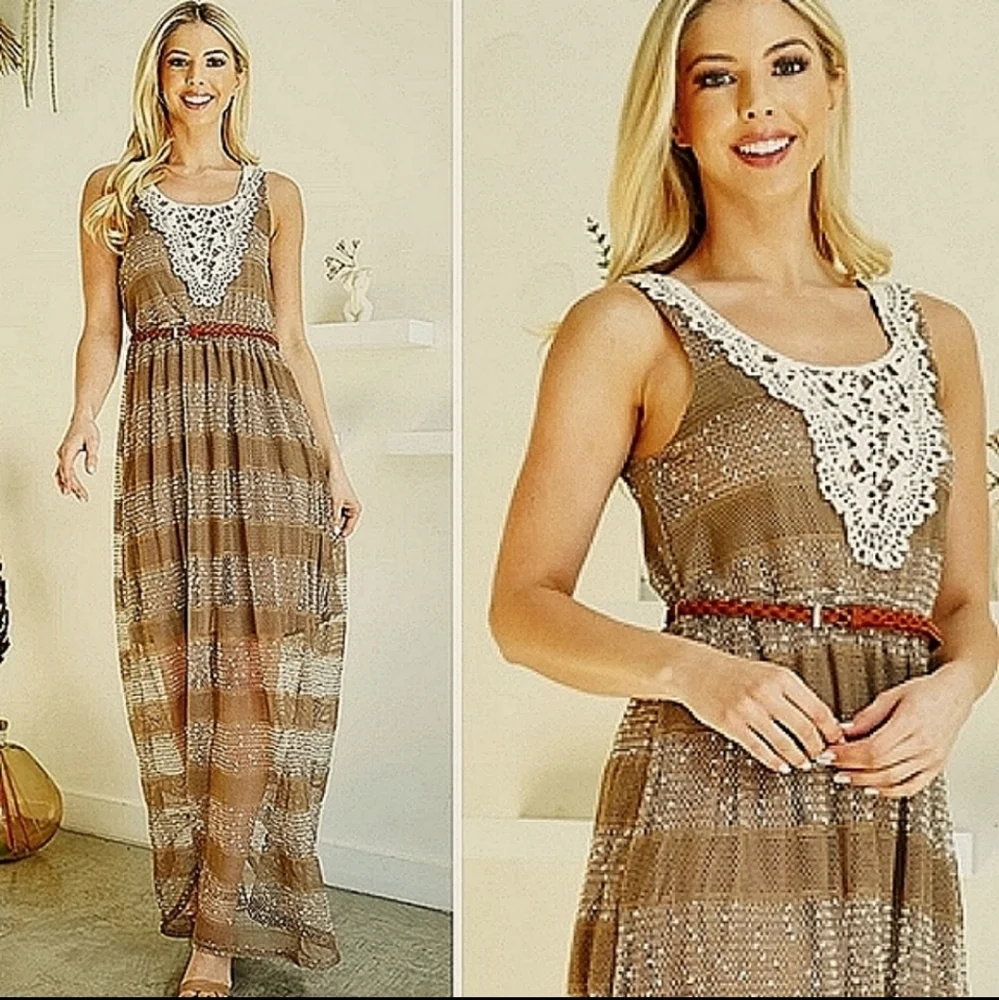 A'reve Striped Sleeveless Maxi Sundress Dress Brown Cream Crocheted Front - Picture 13 of 16